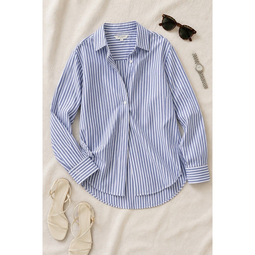 Max Studio 1X Blue White Striped Popover Blouse Roll Tab Sleeve